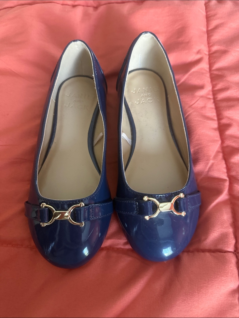 Janie and Jack Navy Patent Ballet Flats with Gold Hardware